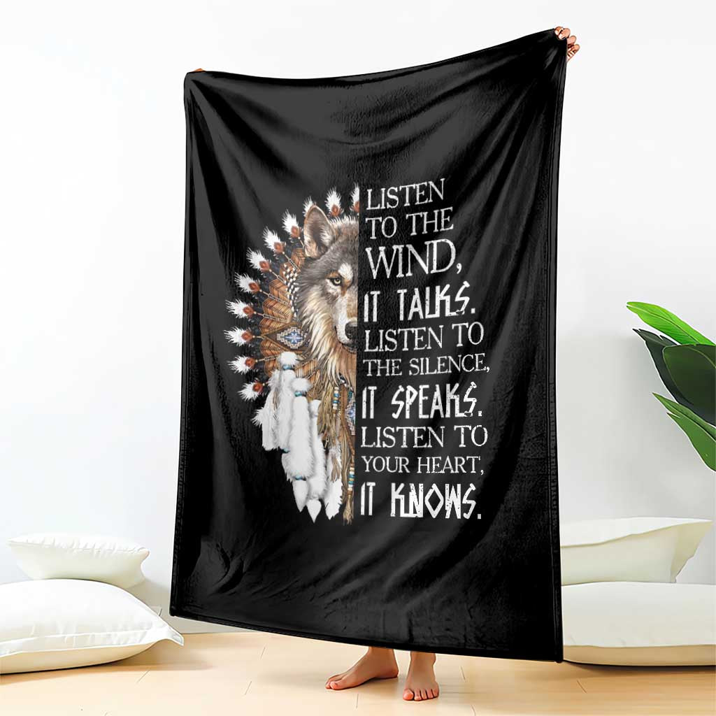 Native American Indian Wolf Saying Listen to The Wind Throw Blanket
