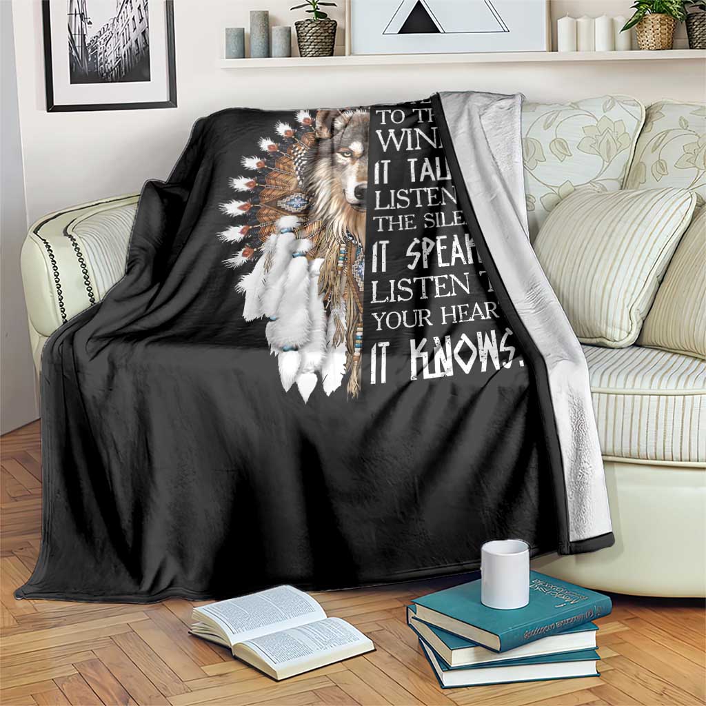 Native American Indian Wolf Saying Listen to The Wind Throw Blanket