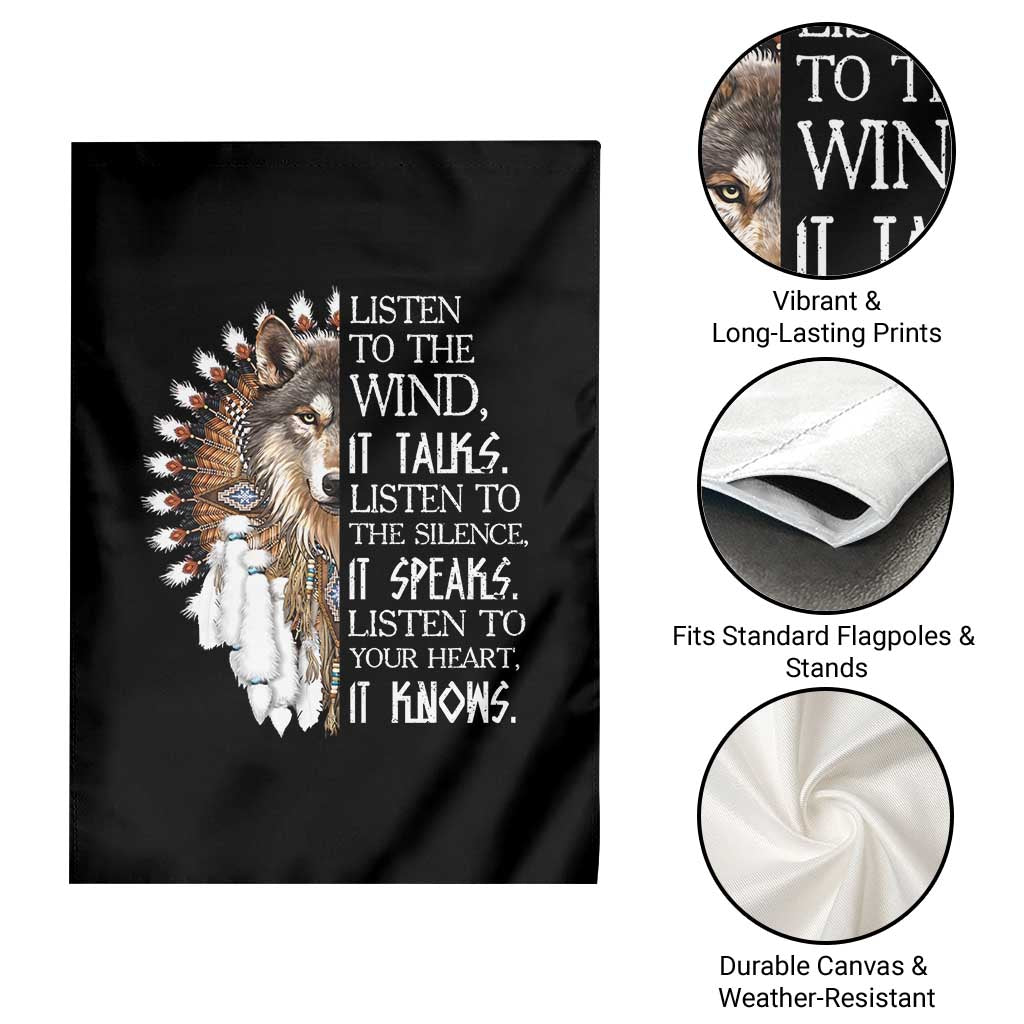 Native American Indian Wolf Saying Listen to The Wind Garden Flag