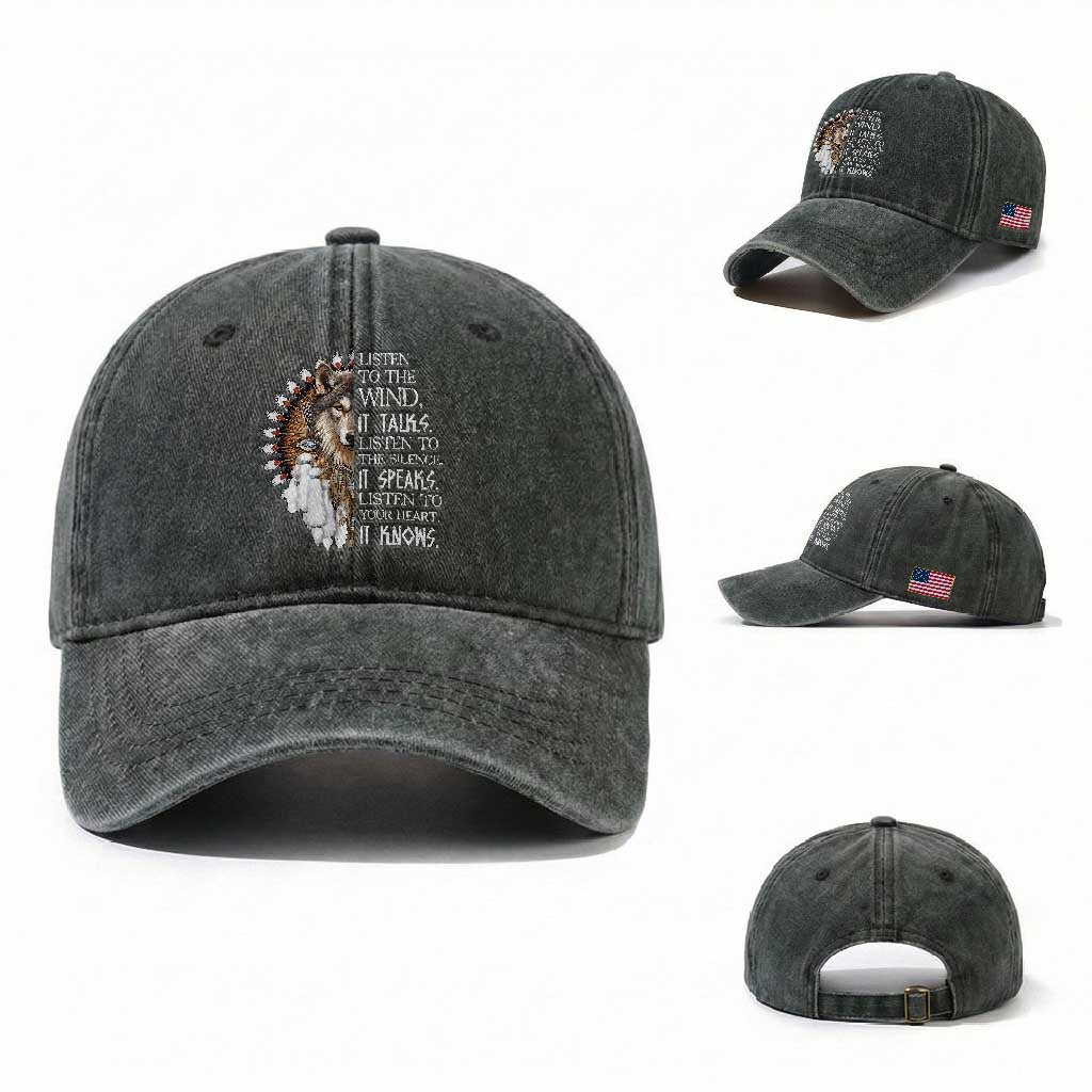 Native American Indian Wolf Saying Listen to The Wind Washed Cotton Baseball Cap
