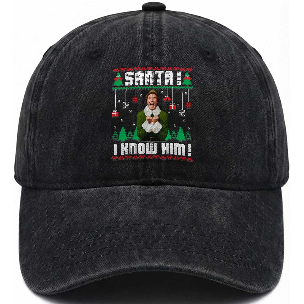 Santa I Know Him Washed Cotton Baseball Cap Funny Elf Christmas