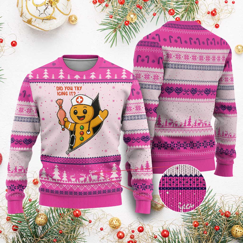 Funny ICU Nurse Xmas Ugly Christmas Sweater Gingerbread Did You Try Icing It - Wonder Print Shop