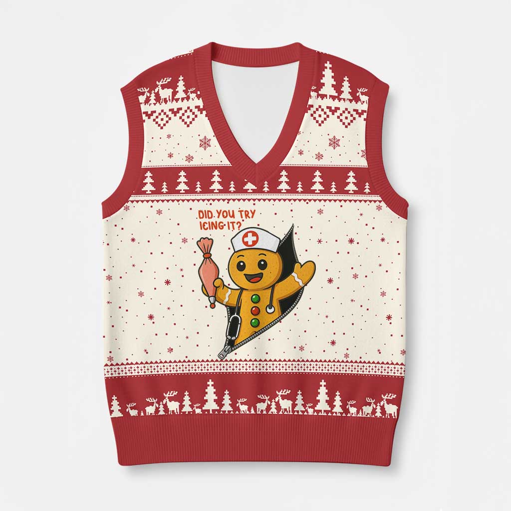 Funny ICU Nurse Xmas V-Neck Knit Sweater Vest Gingerbread Did You Try Icing It - Wonder Print Shop