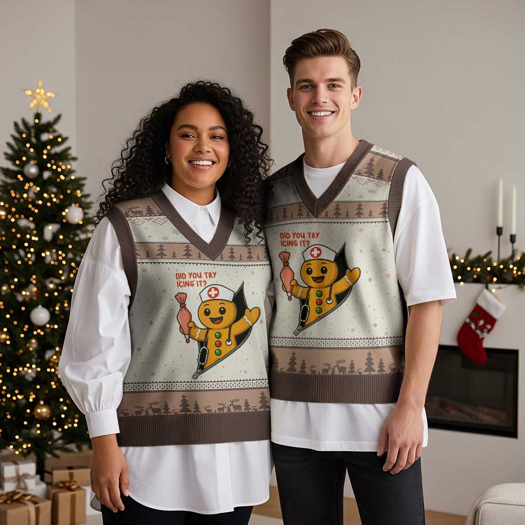 Funny ICU Nurse Xmas V-Neck Knit Sweater Vest Gingerbread Did You Try Icing It - Wonder Print Shop