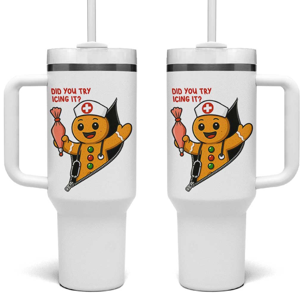 Funny ICU Nurse Christmas Tumbler With Handle Gingerbread Did You Try Icing It - Wonder Print Shop
