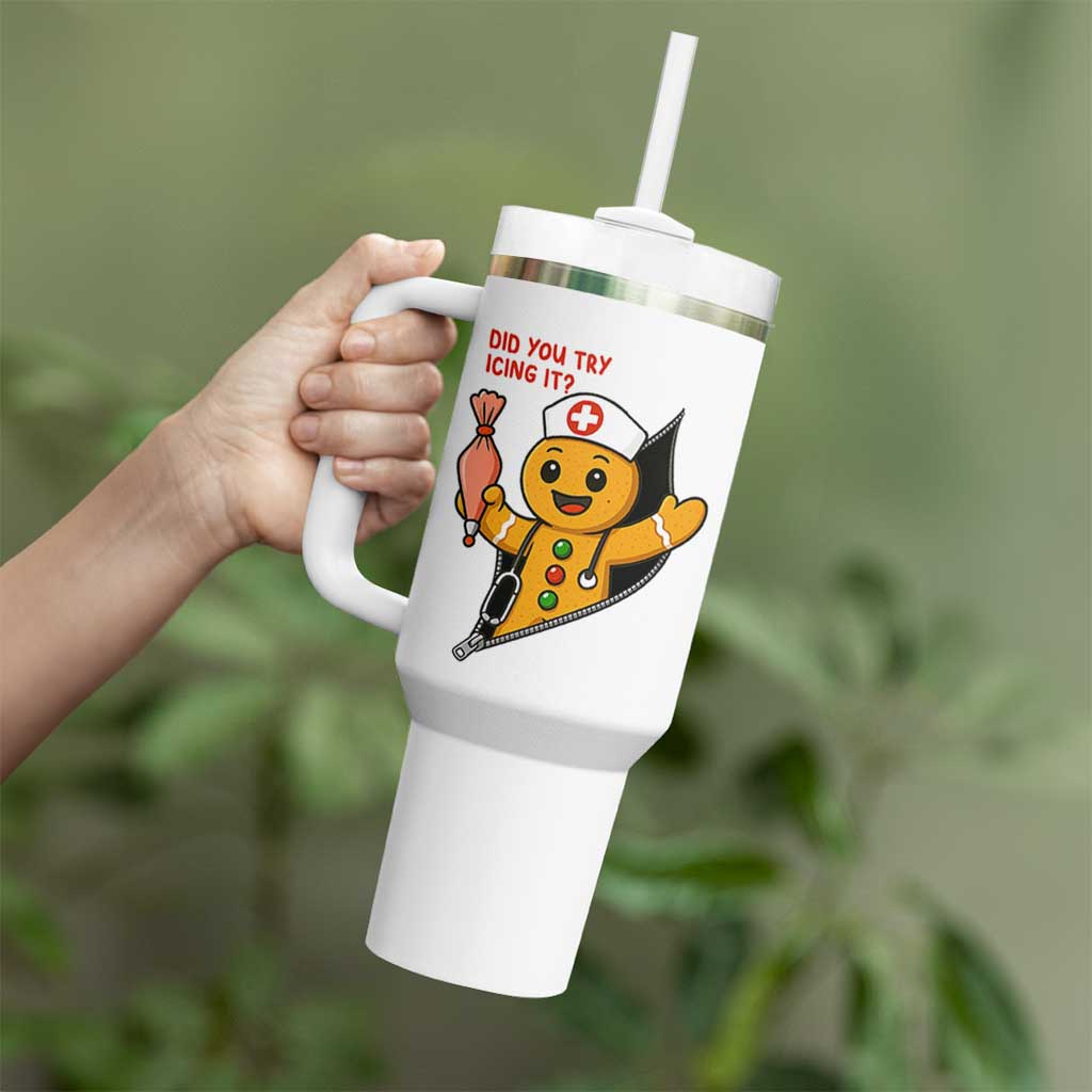 Funny ICU Nurse Christmas Tumbler With Handle Gingerbread Did You Try Icing It - Wonder Print Shop