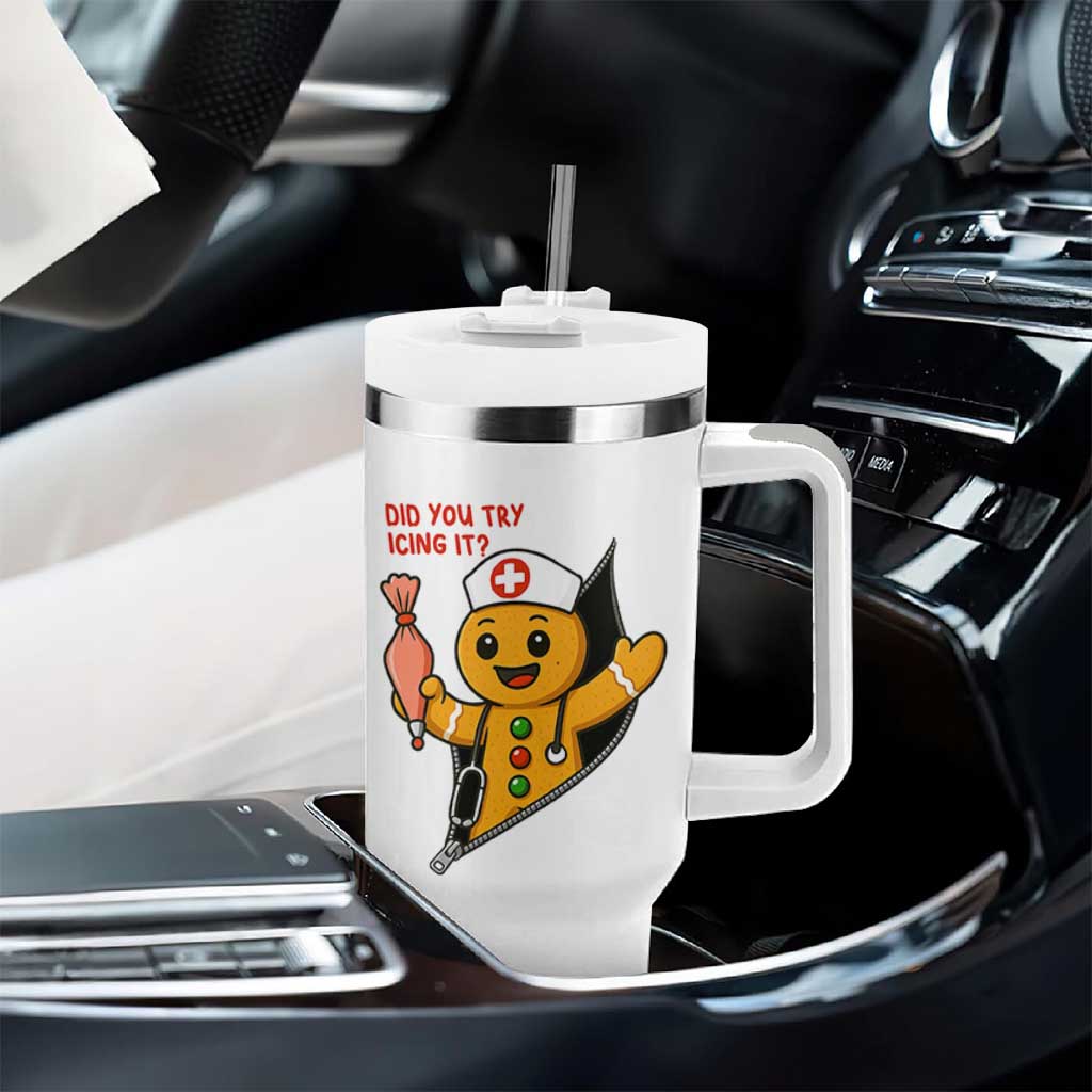 Funny ICU Nurse Christmas Tumbler With Handle Gingerbread Did You Try Icing It - Wonder Print Shop