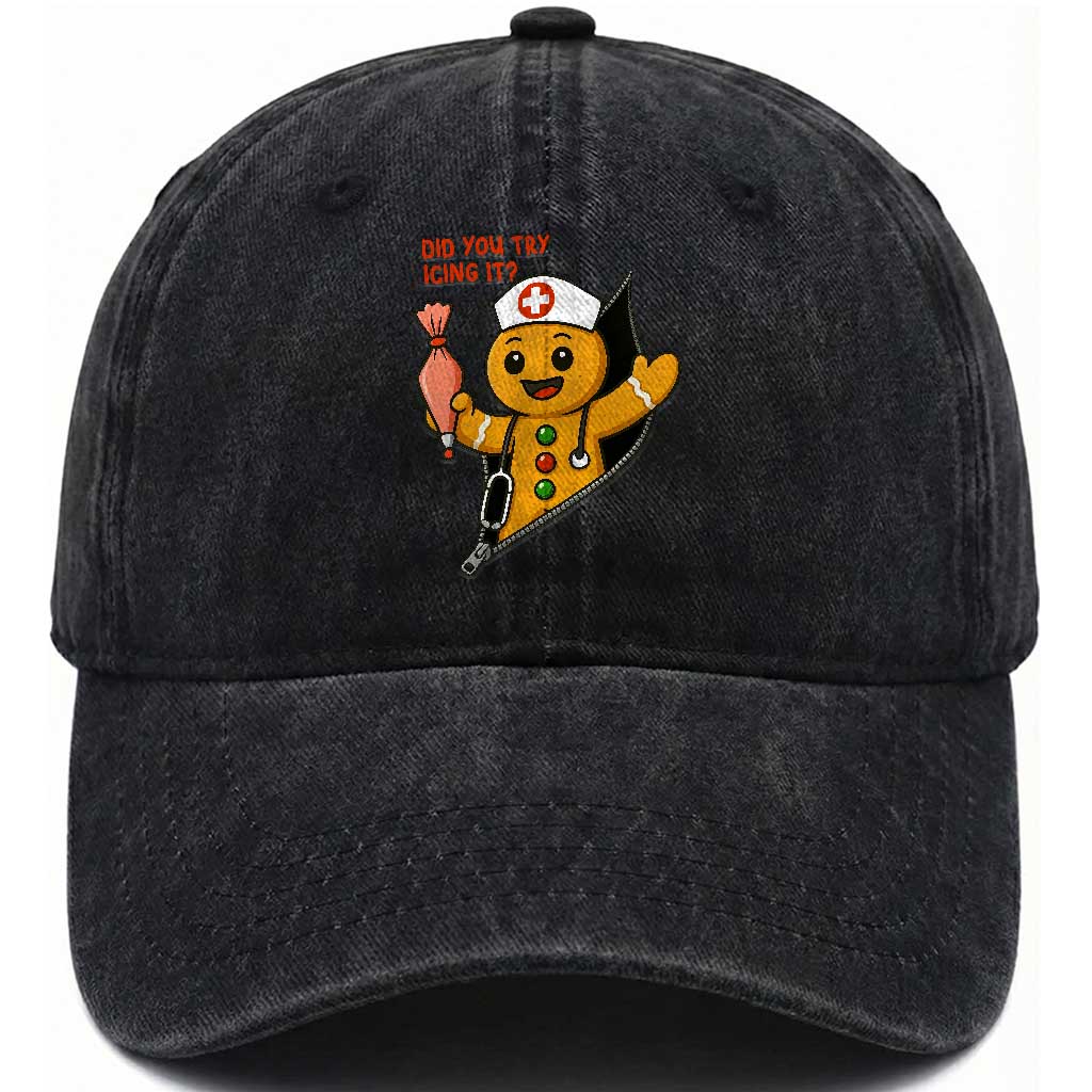 Funny ICU Nurse Christmas Washed Cotton Baseball Cap Gingerbread Did You Try Icing It