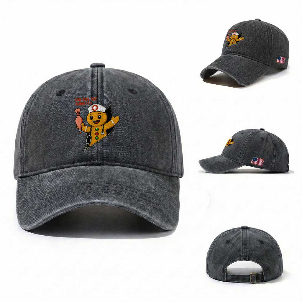 Funny ICU Nurse Christmas Washed Cotton Baseball Cap Gingerbread Did You Try Icing It