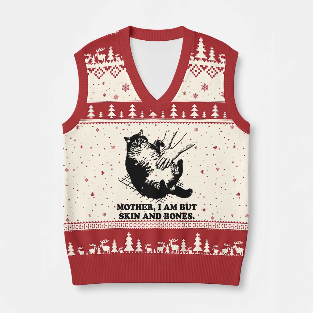 Funny Cat Mom Cat Lover V-Neck Knit Sweater Vest Mother I Am But Skin and Bones
