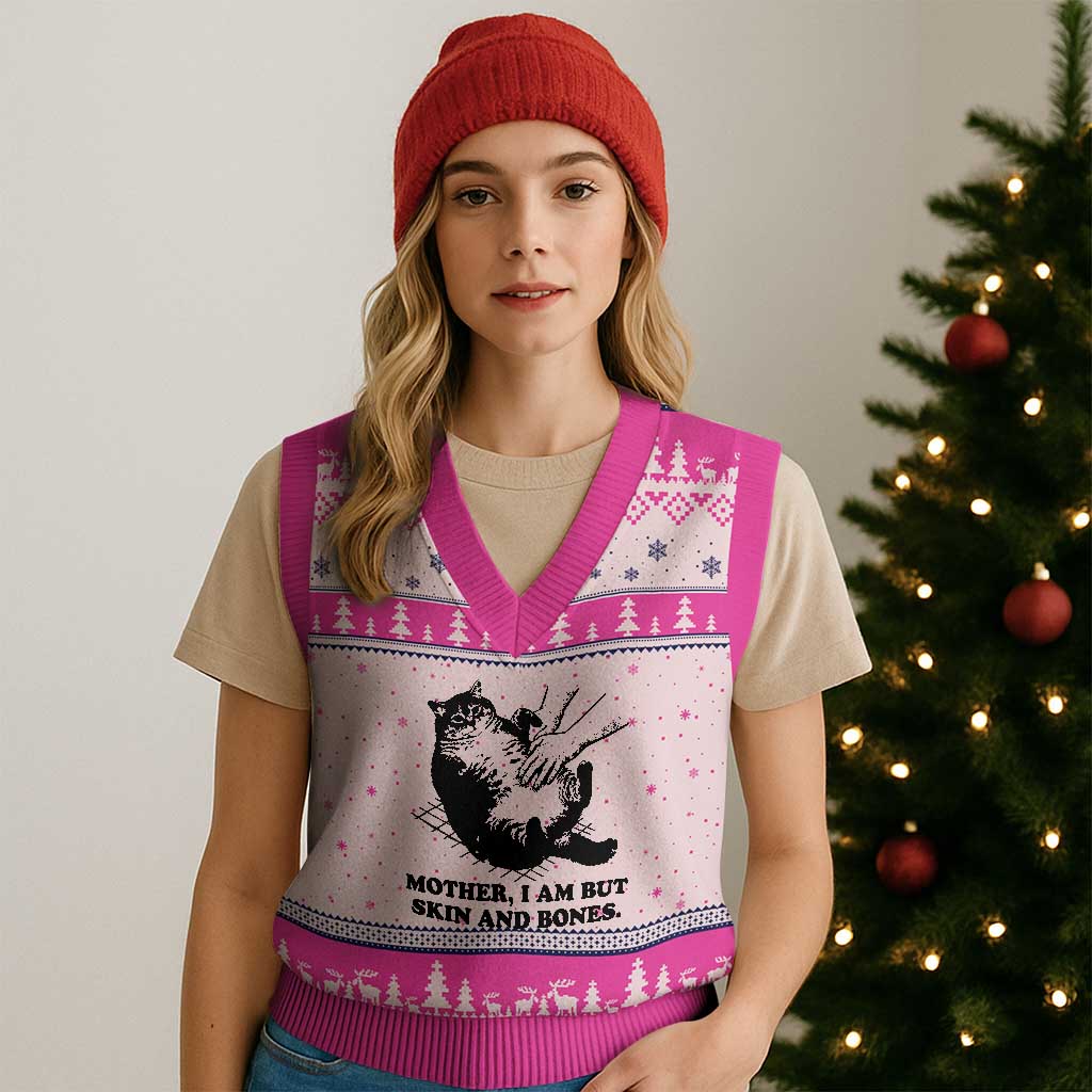 Funny Cat Mom Cat Lover V-Neck Knit Sweater Vest Mother I Am But Skin and Bones