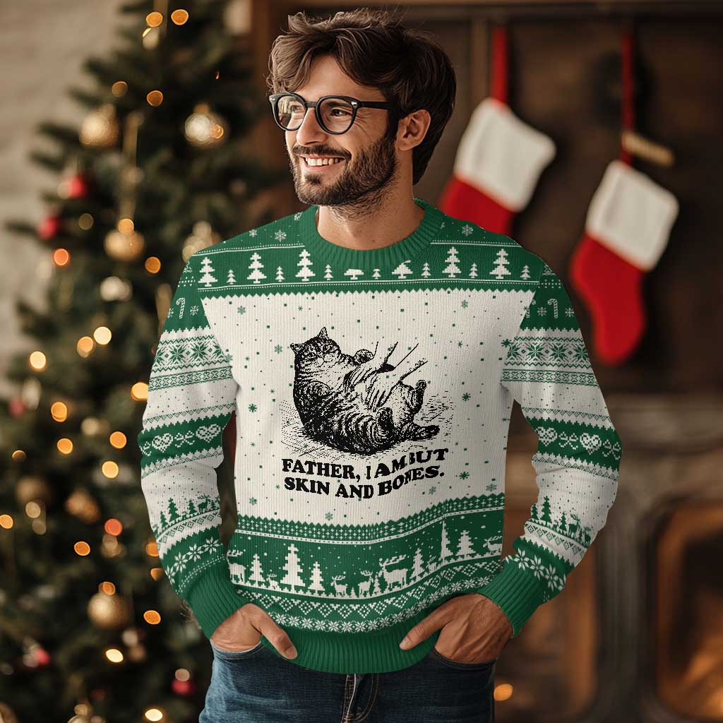Funny Cat Dad Cat Lover Ugly Christmas Sweater Father I Am But Skin and Bones