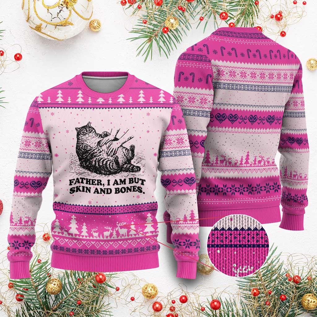 Funny Cat Dad Cat Lover Ugly Christmas Sweater Father I Am But Skin and Bones