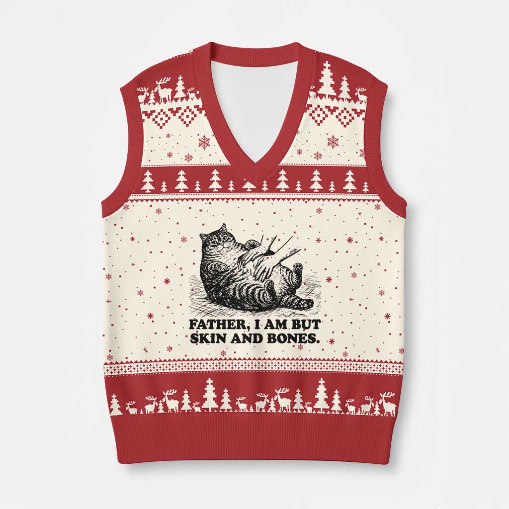 Funny Cat Dad Cat Lover V-Neck Knit Sweater Vest Father I Am But Skin and Bones