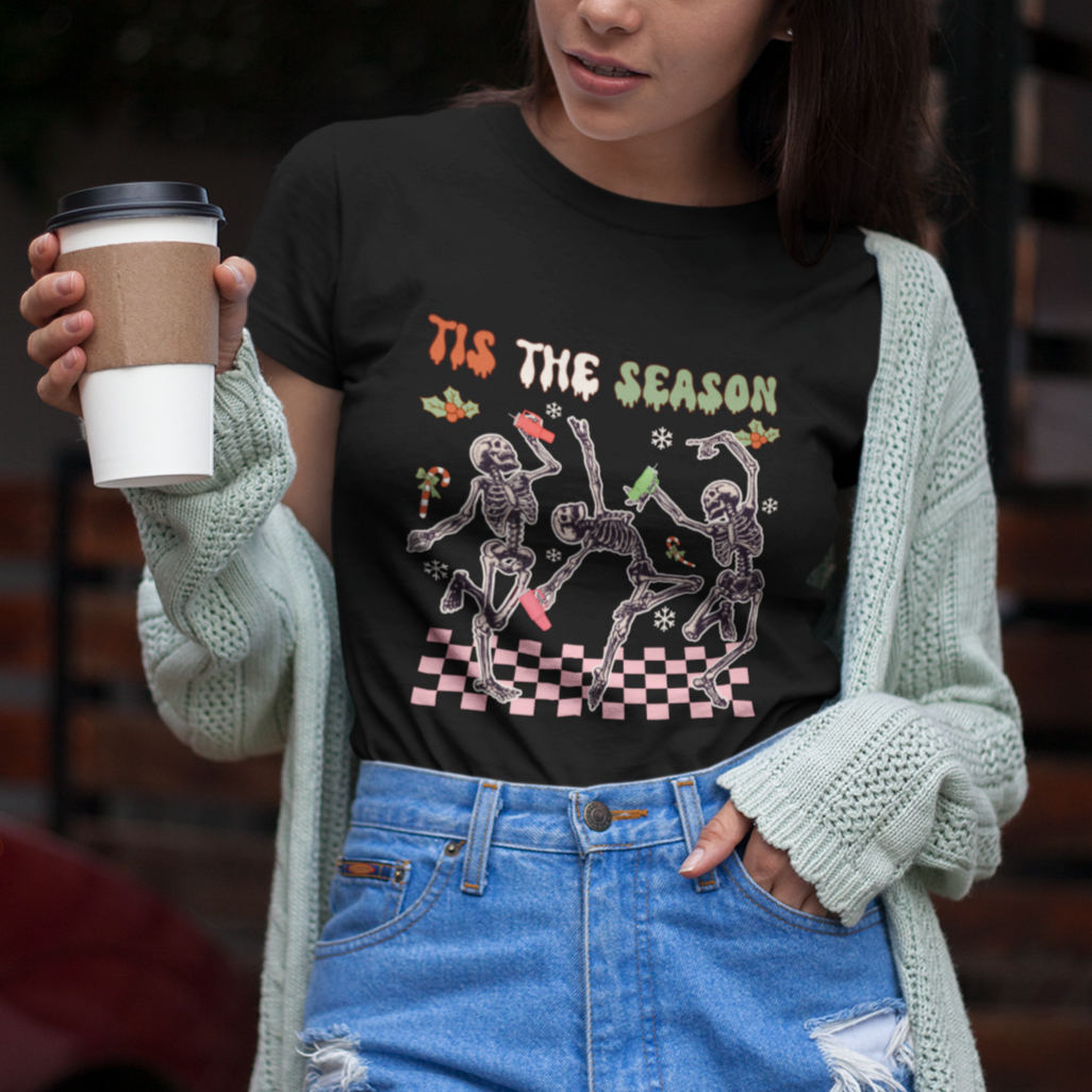 Dancing Skeleton Christmas T Shirt Tis The Season Retro Boujee Xmas Vibe - Wonder Print Shop
