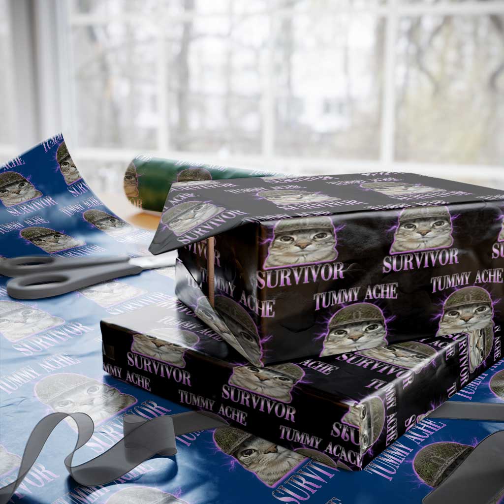 Tummy Ache Survivor Cat Meme Wrapping Paper Roll Funny Trending Oddly Specific Brainrot Memes