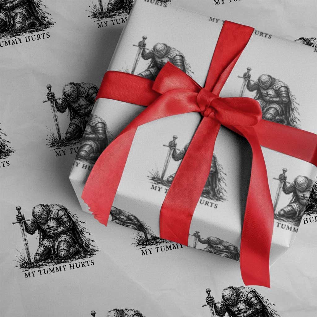 Tummy Hurts Funny Medieval Knight Wrapping Paper Roll Dark Fantasy Meme