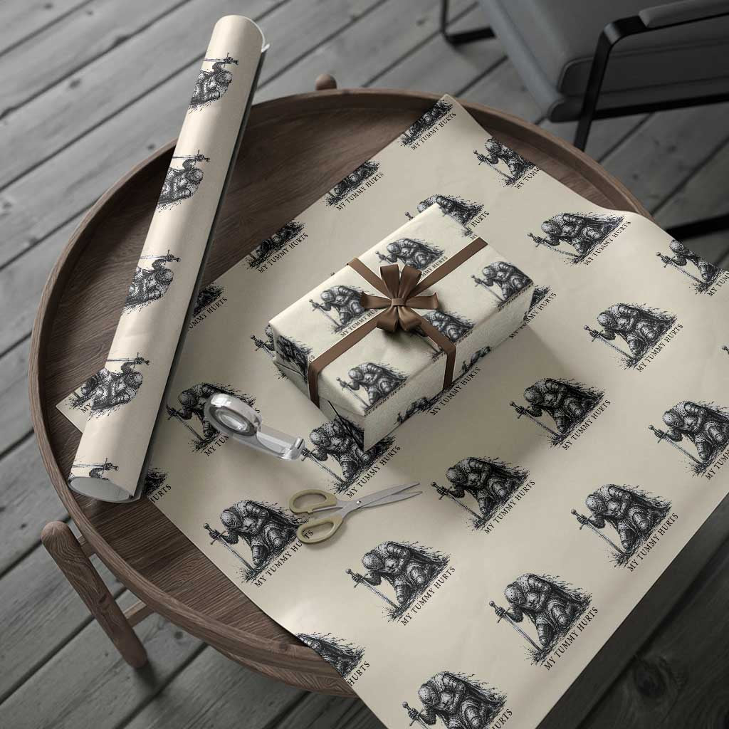 Tummy Hurts Funny Medieval Knight Wrapping Paper Roll Dark Fantasy Meme