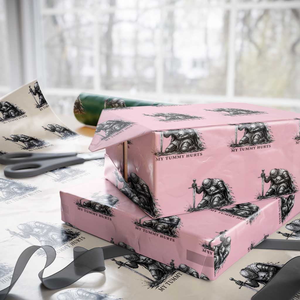 Tummy Hurts Funny Medieval Knight Wrapping Paper Roll Dark Fantasy Meme