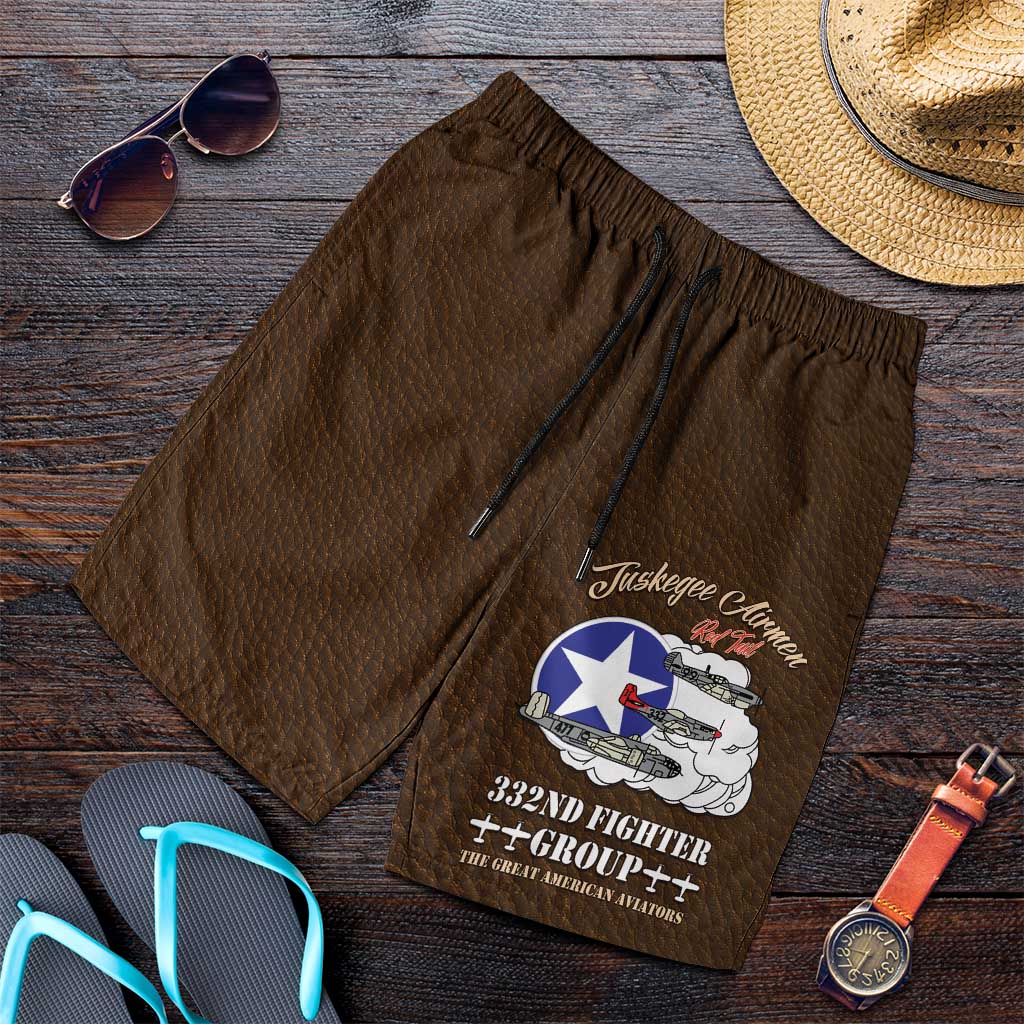 Tuskegee Airmen WWII Heroes Shorts for Men The Great American Aviators Brown Leather Pattern - Wonder Print Shop