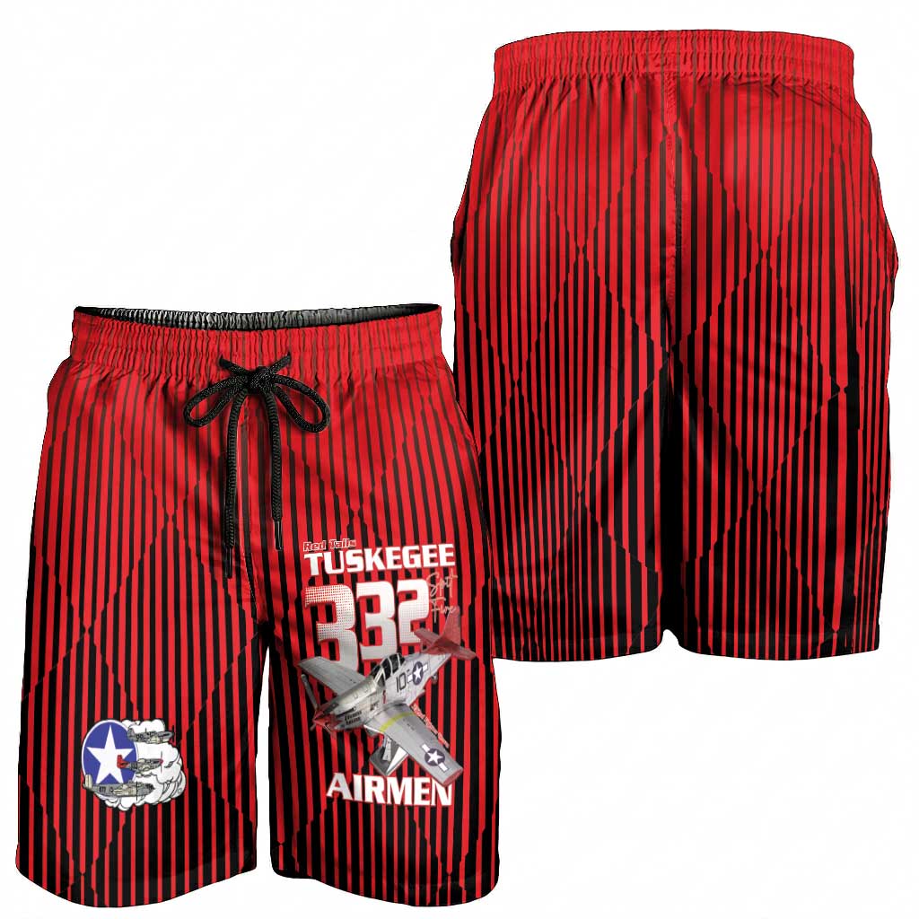 Tuskegee Red Tails Airmen Shorts for Men P-51 Mustang 332nd Fighter Group - Black Red - Wonder Print Shop