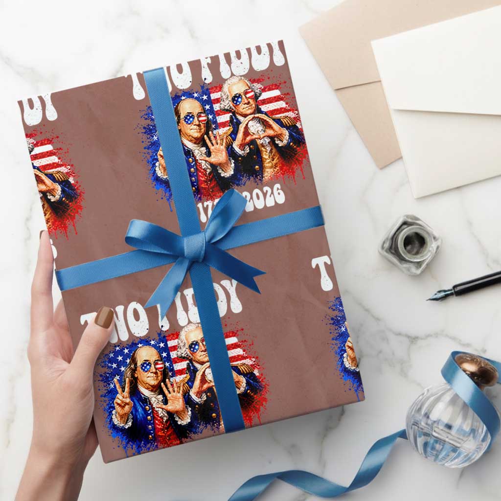 Two Fiddy Founding Fathers 1776 to 2026 Wrapping Paper Roll Funny Benjamin Franklin and George Washington American Flag Semiquincentennial