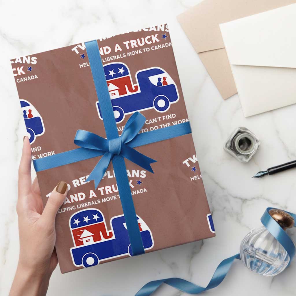 Two Republicans And A Truck Helping Liberals Move To Canada Wrapping Paper Roll Funny Elephant Red White and Blue Sarcastic Political