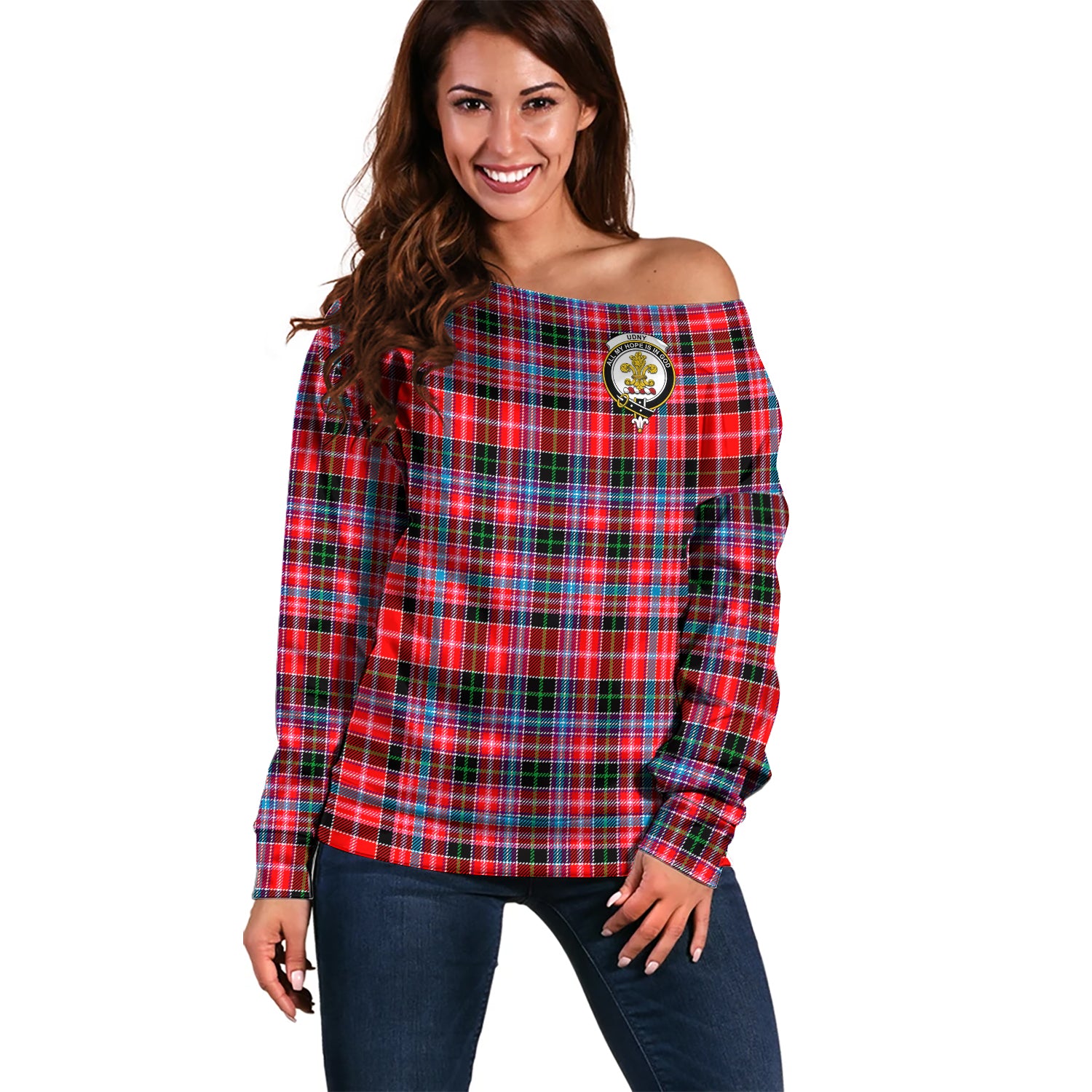 udny-clan-tartan-off-shoulder-sweater-family-crest-sweater-for-women