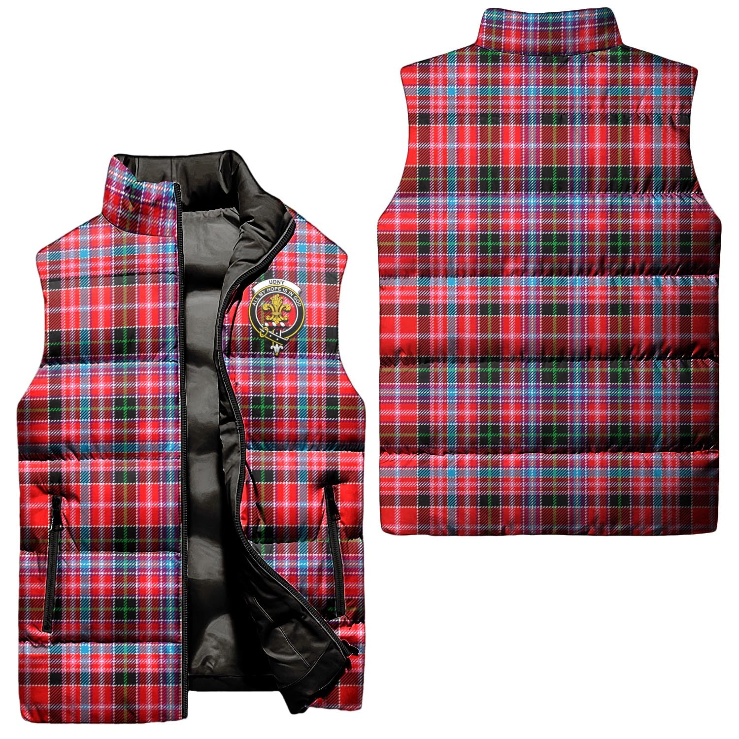 udny-clan-puffer-vest-family-crest-plaid-sleeveless-down-jacket
