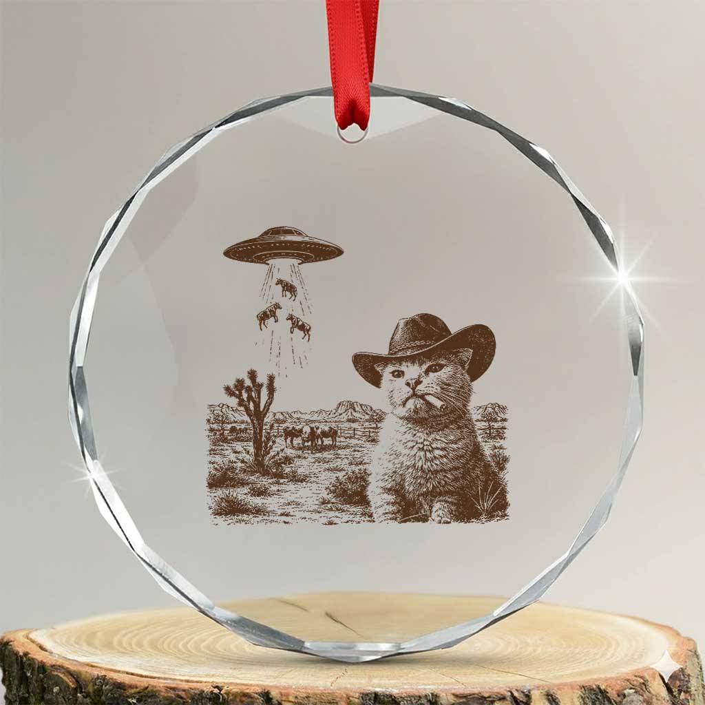 UFO Cowboy Cat Crystal Glass Ornament Vintage Graphic Retro Western Rodeo