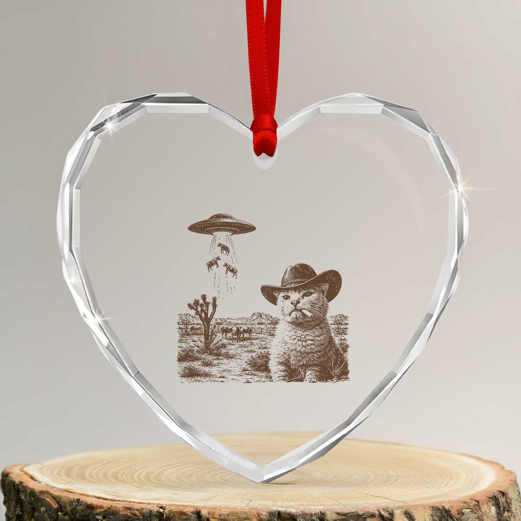 UFO Cowboy Cat Heart Crystal Glass Ornament Vintage Graphic Retro Western Rodeo