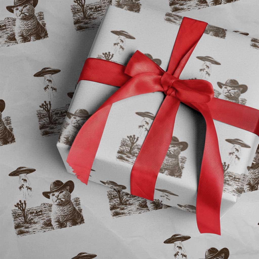 UFO Cowboy Cat Wrapping Paper Roll Vintage Graphic Retro Western Rodeo