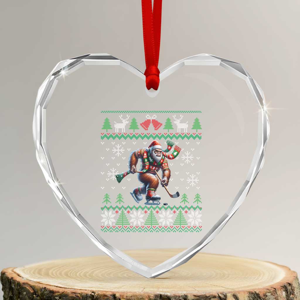 Ugly Christmas Bigfoot Playing Hockey Heart Crystal Glass Ornament Funny Xmas Gift - Wonder Print Shop