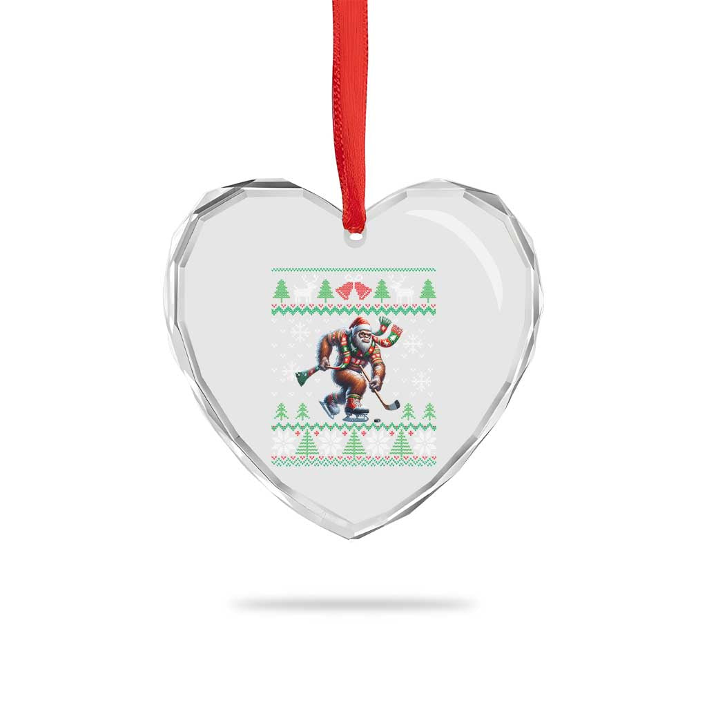 Ugly Christmas Bigfoot Playing Hockey Heart Crystal Glass Ornament Funny Xmas Gift - Wonder Print Shop