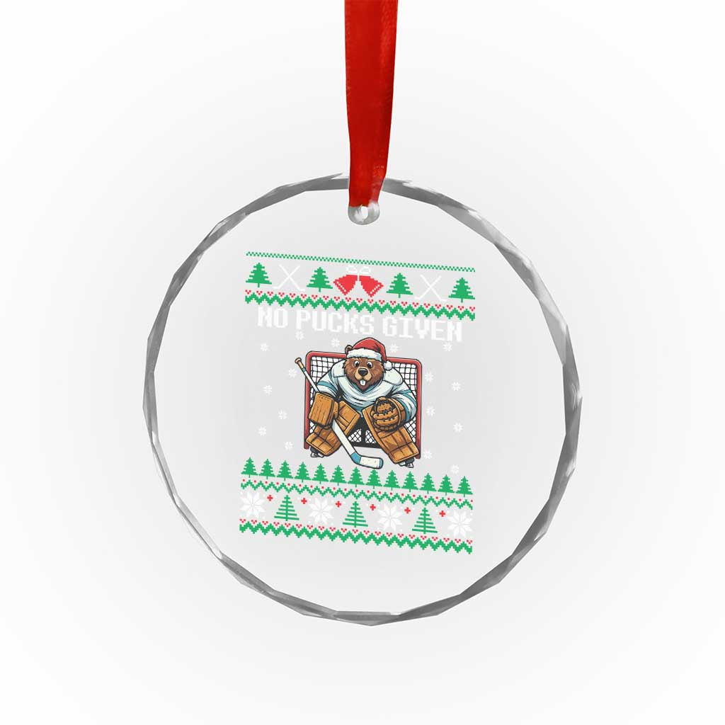Ugly Christmas Sweater Beaver Ice Hockey Goalie Crystal Glass Ornament No Pucks Given - Wonder Print Shop
