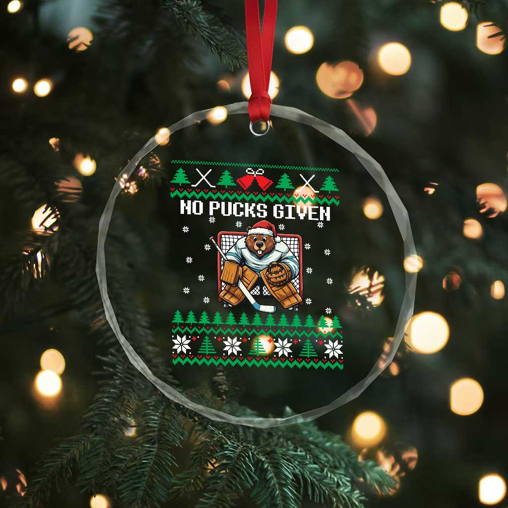 Ugly Christmas Sweater Beaver Ice Hockey Goalie Crystal Glass Ornament No Pucks Given - Wonder Print Shop