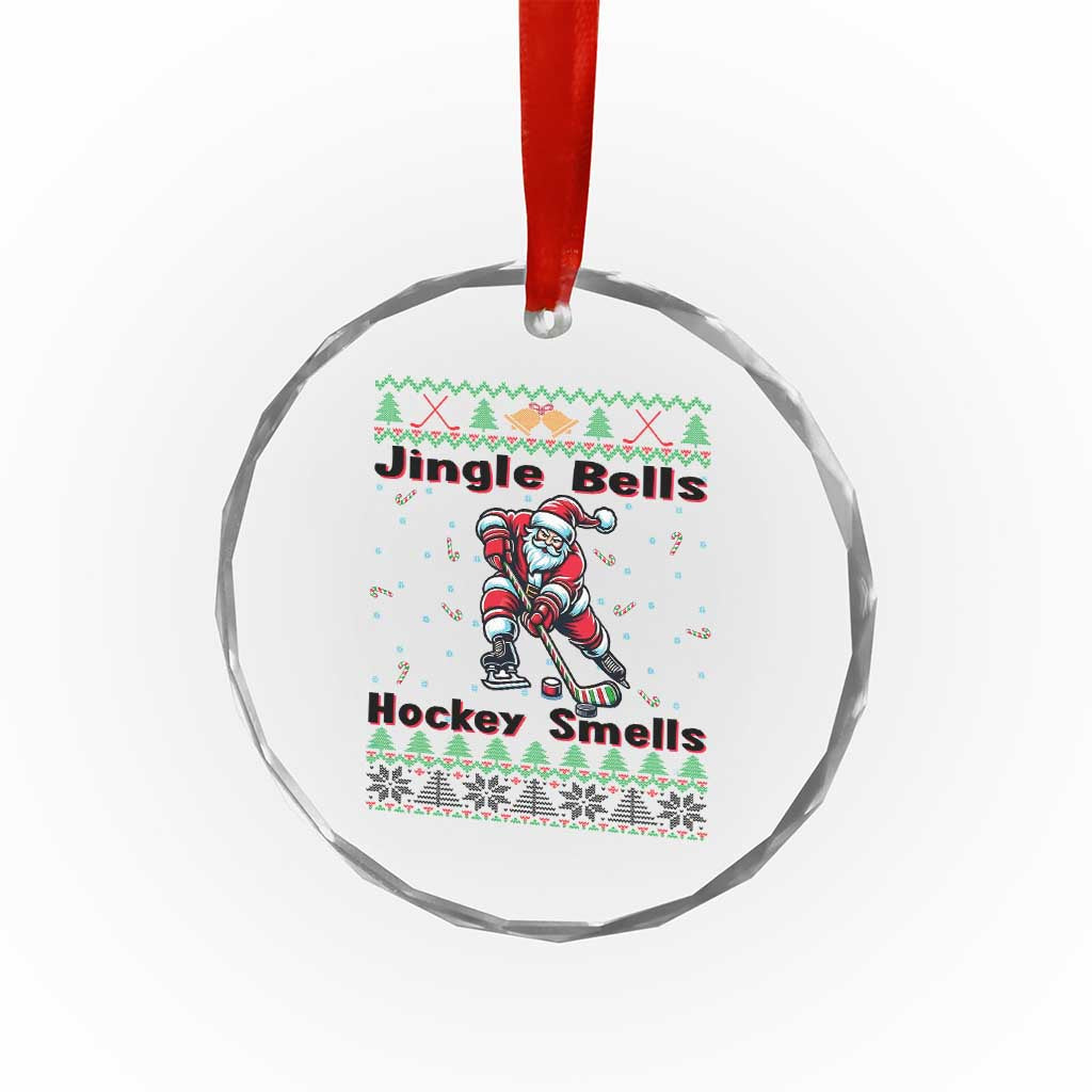 Ugly Christmas Sweater Santa Playing Hockey Crystal Glass Ornament Jingle Bells Hockey Smells - Wonder Print Shop