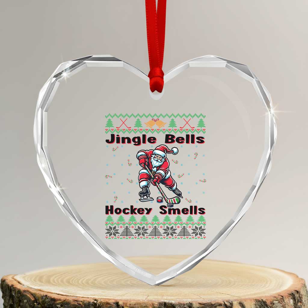 Ugly Christmas Sweater Santa Playing Hockey Heart Crystal Glass Ornament Jingle Bells Hockey Smells - Wonder Print Shop