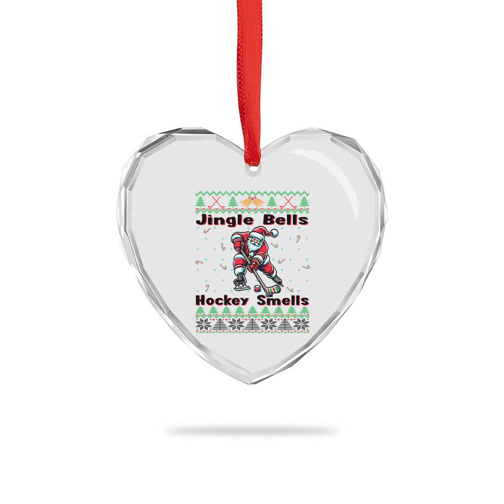 Ugly Christmas Sweater Santa Playing Hockey Heart Crystal Glass Ornament Jingle Bells Hockey Smells - Wonder Print Shop