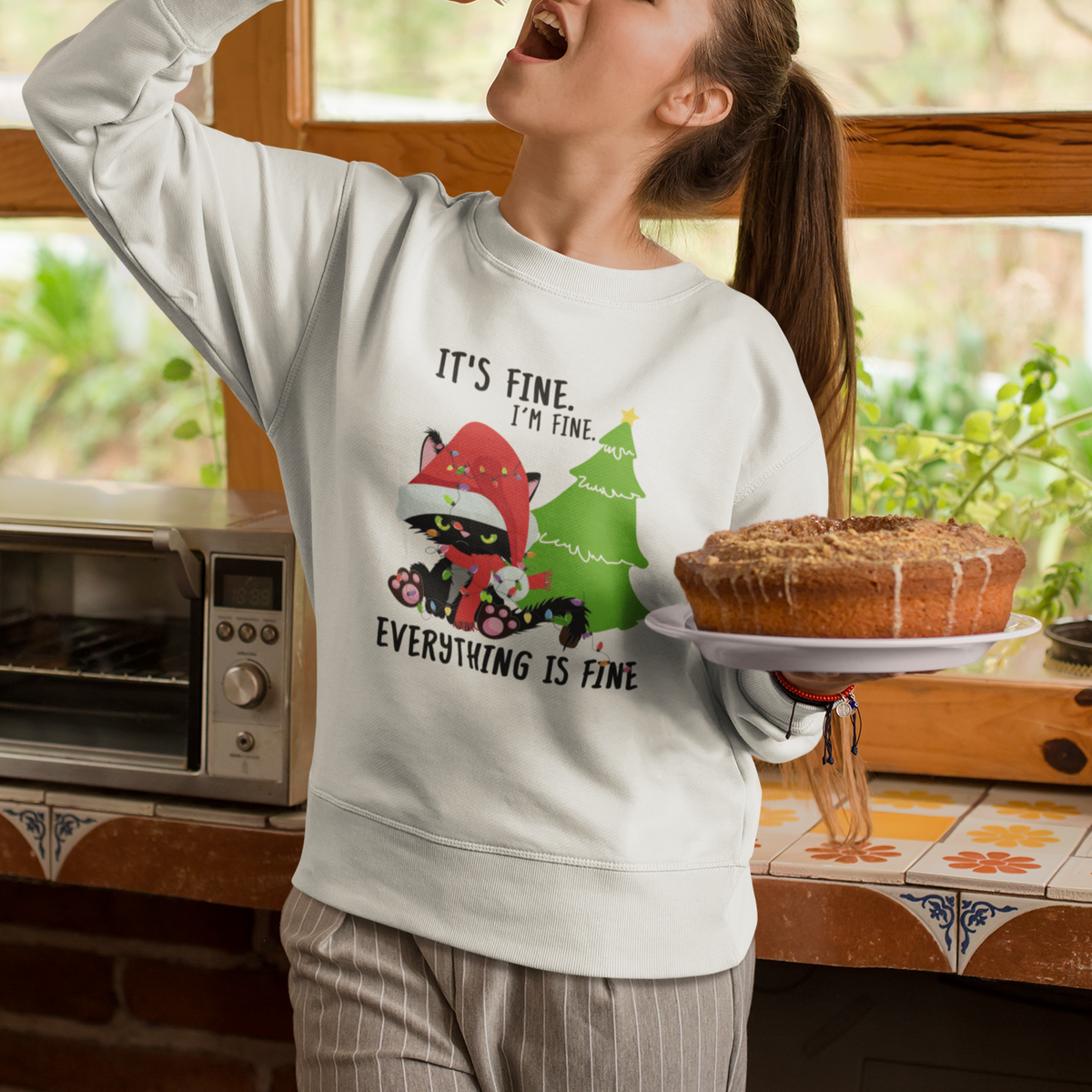Black Cat Christmas Sweatshirt It's Fine I'm Fine Everything Is Fine - Wonder Print Shop