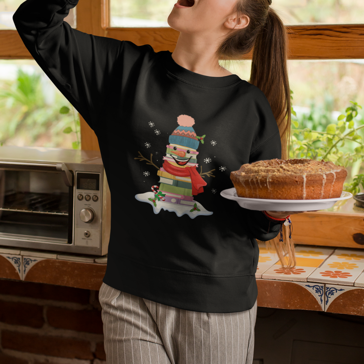 Christmas Sweatshirt Snowman Library Book Stack Winter Librarian - Wonder Print Shop