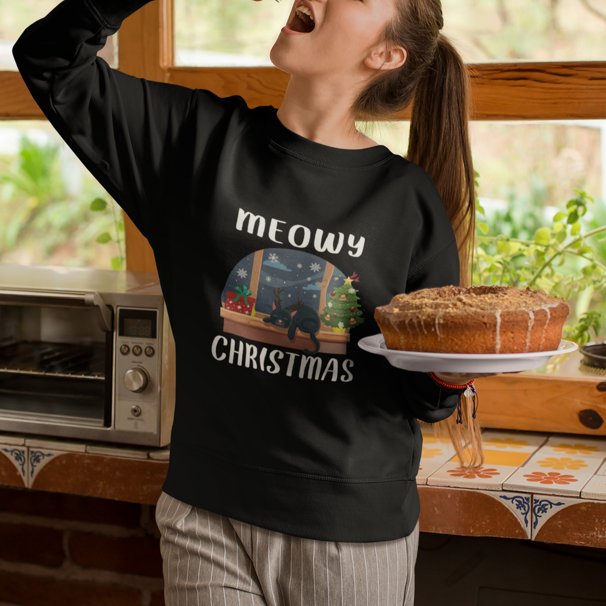 Christmas Sweatshirt Cat Reindeer Chillin' Xmas Eve Window Meowy - Wonder Print Shop