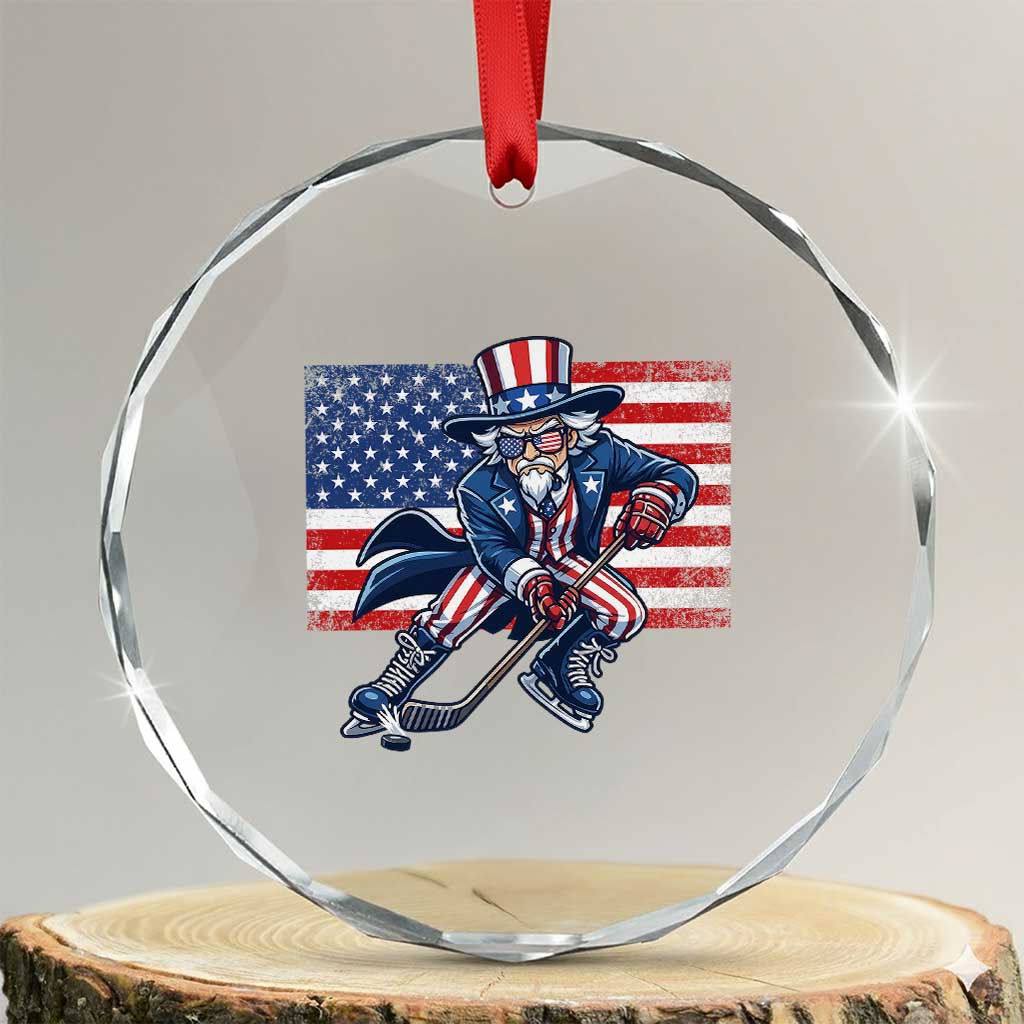 Uncle Sam Hockey Player 4th of July American Flag Crystal Glass Ornament