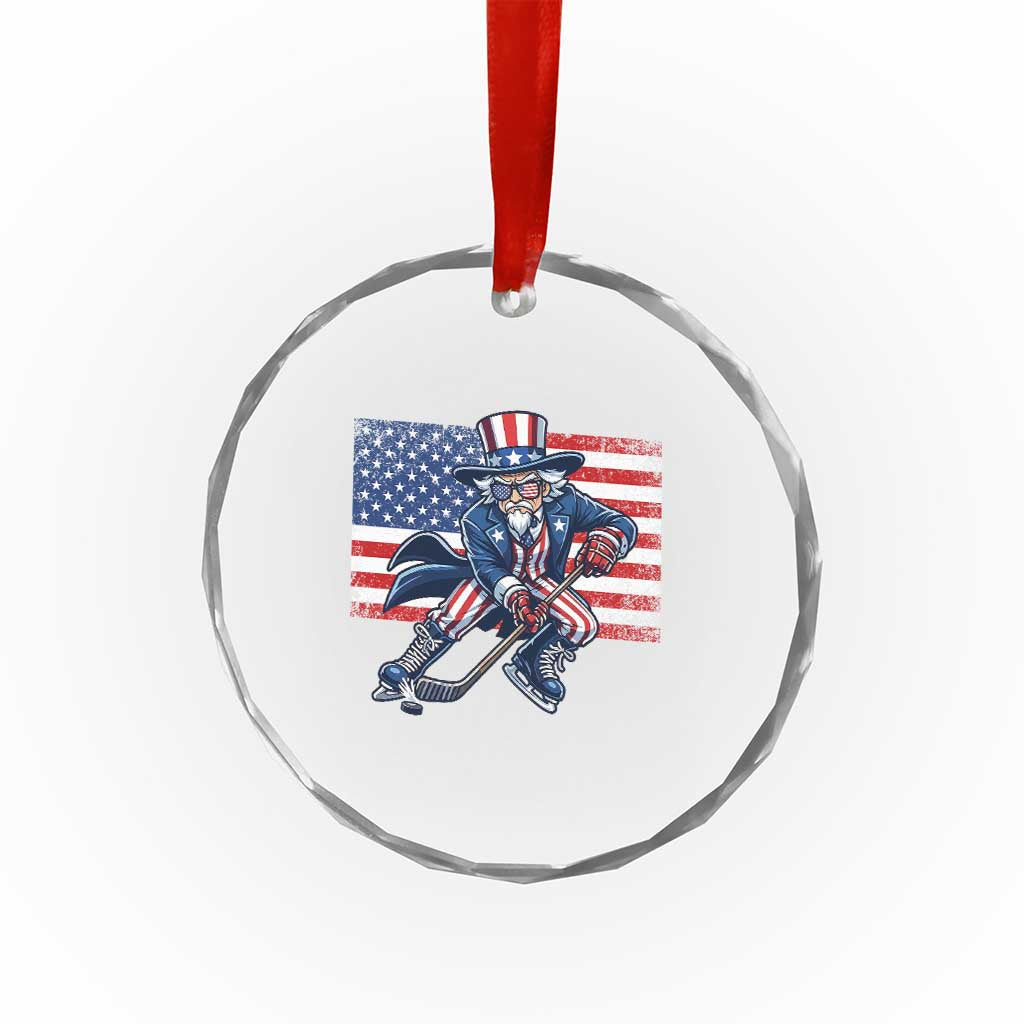 Uncle Sam Hockey Player 4th of July American Flag Crystal Glass Ornament