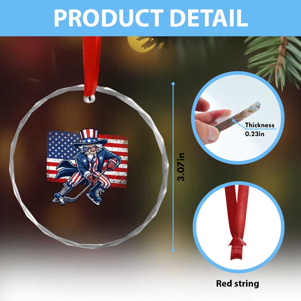 Uncle Sam Hockey Player 4th of July American Flag Crystal Glass Ornament