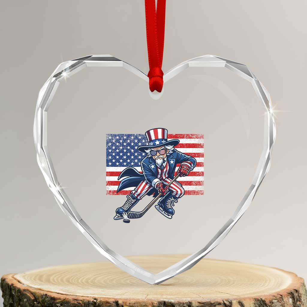 Uncle Sam Hockey Player 4th of July American Flag Heart Crystal Glass Ornament
