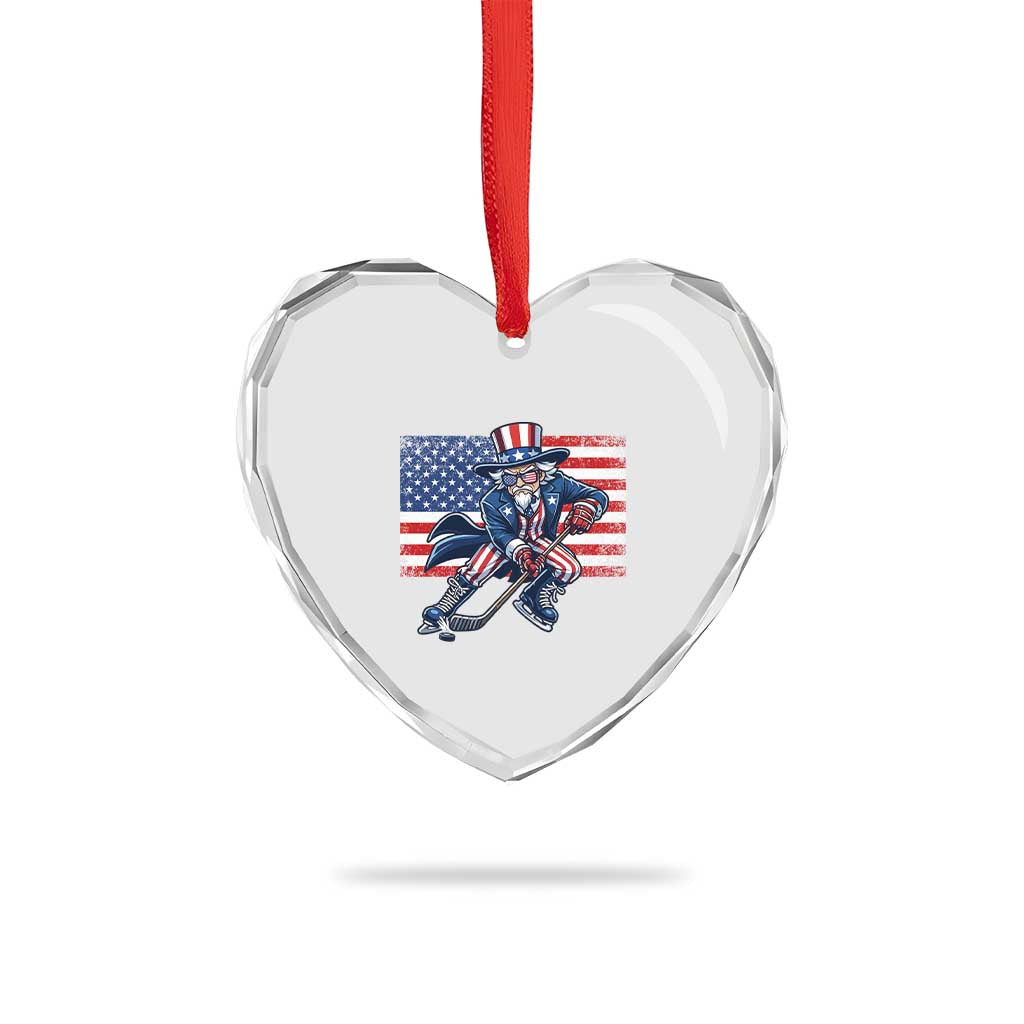 Uncle Sam Hockey Player 4th of July American Flag Heart Crystal Glass Ornament