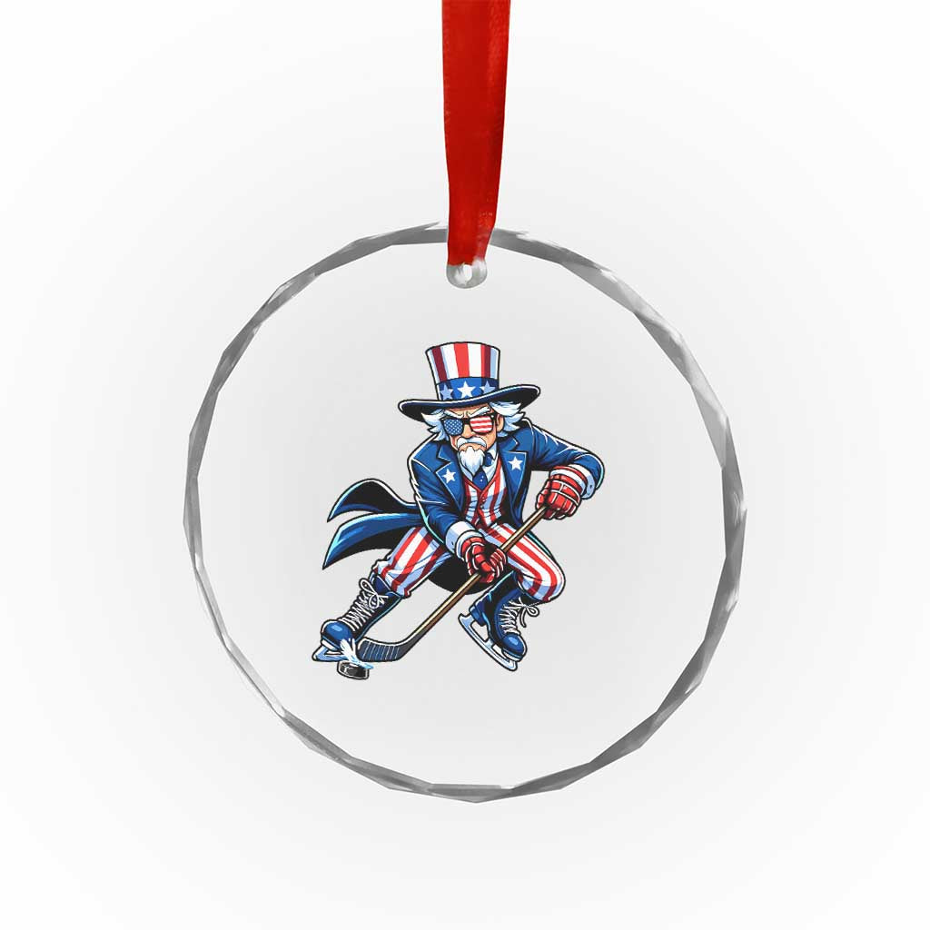Uncle Sam Playing Hockey Patriotic Graphic Crystal Glass Ornament Funny USA Ice Hockey American Pride