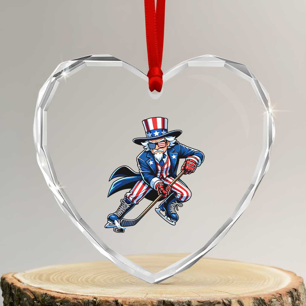 Uncle Sam Playing Hockey Patriotic Graphic Heart Crystal Glass Ornament Funny USA Ice Hockey American Pride
