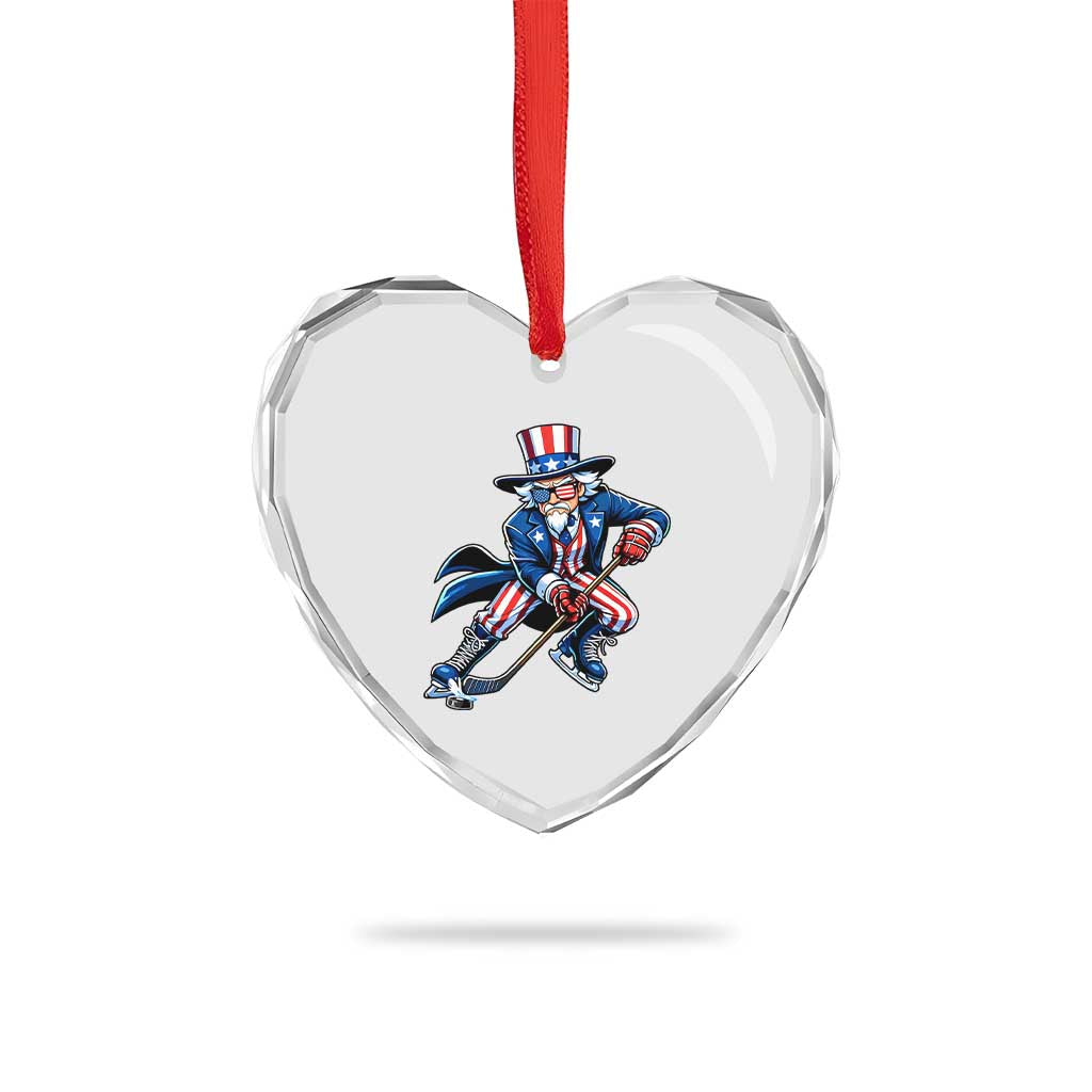 Uncle Sam Playing Hockey Patriotic Graphic Heart Crystal Glass Ornament Funny USA Ice Hockey American Pride